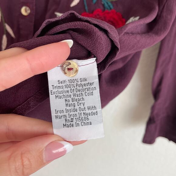 JOHNNY WAS Purple Floral Embroidered Long Sleeve Silk Top - Picture 10 of 12